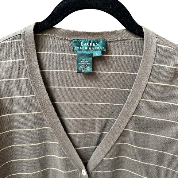 Vintage Lauren Ralph Lauren 100% Cotton Stripped Brown 3/4 Sleeve Cardigan Sz Lg - Picture 5 of 9